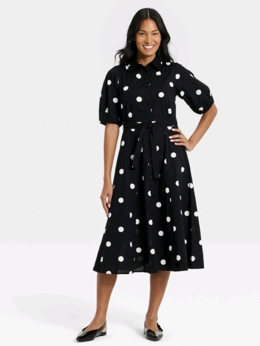 A New Day Black Polka Dot Shirt Dress with Tie Waist